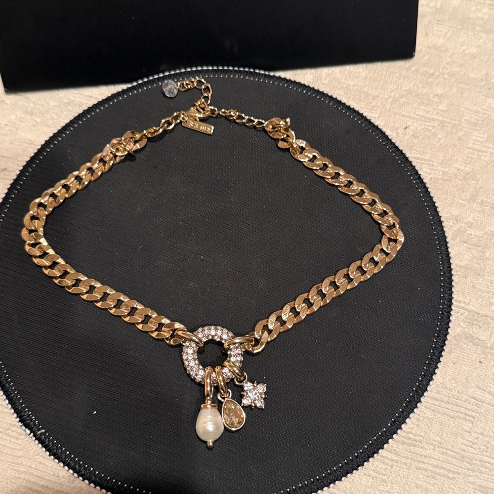 White House Black Market Gold Chain Necklace with Pearl and Crystal Charms